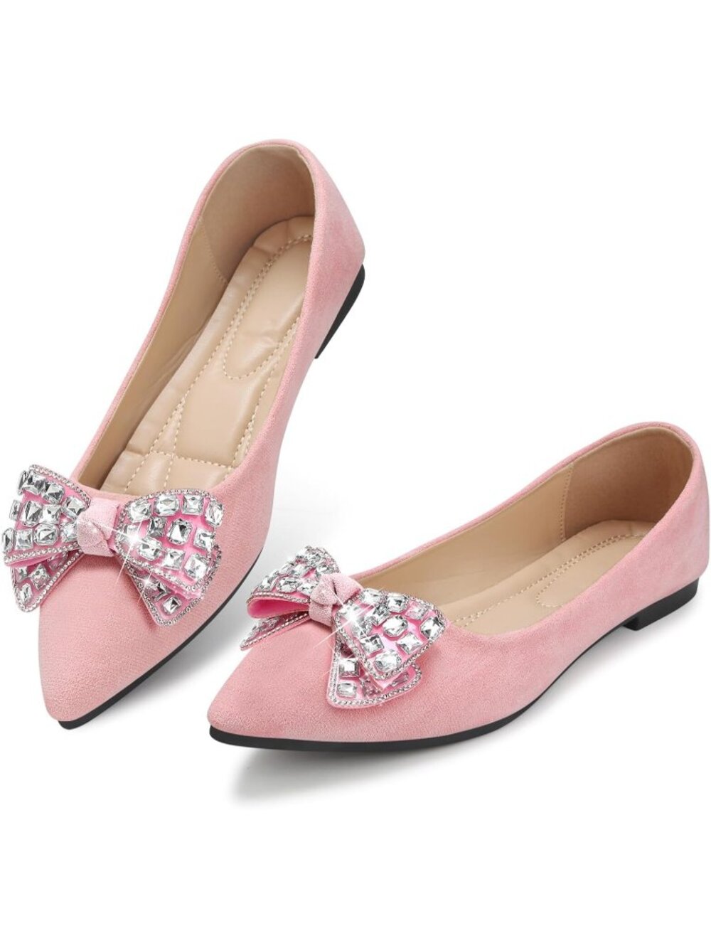 Women's Pink Pointed Toe Pearl Flats Faux Suede Comfort Dress Flats Casual